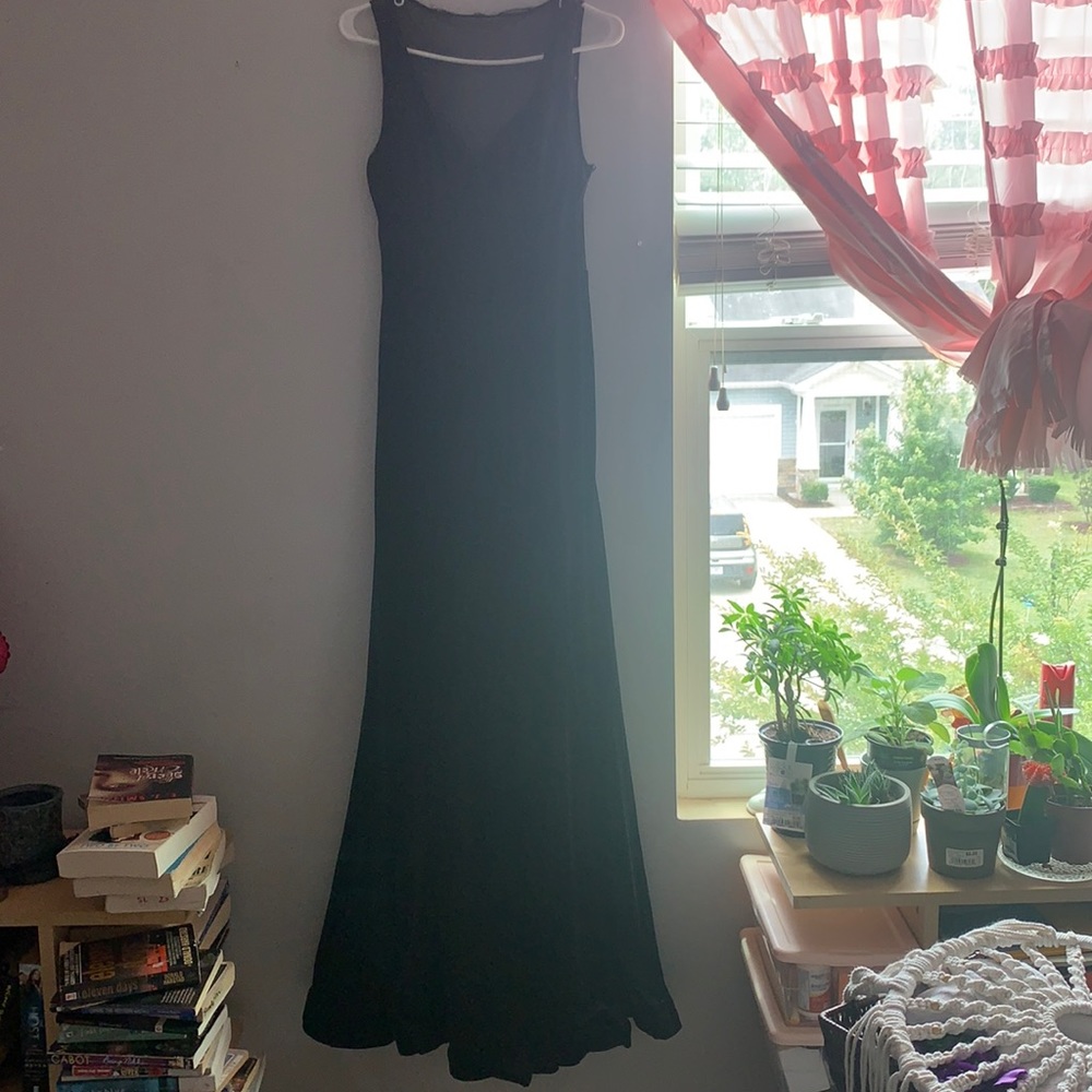 black velvet gown with mesh back and rose patches